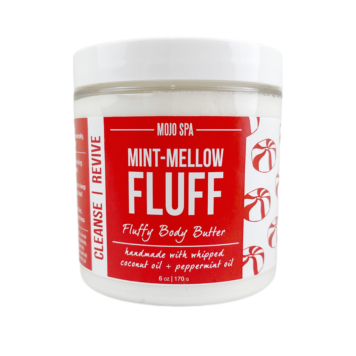 Mint Mellow Fluff fluffy body butter, 6 oz jar with a white lid, red label reading Cleanse, Revive