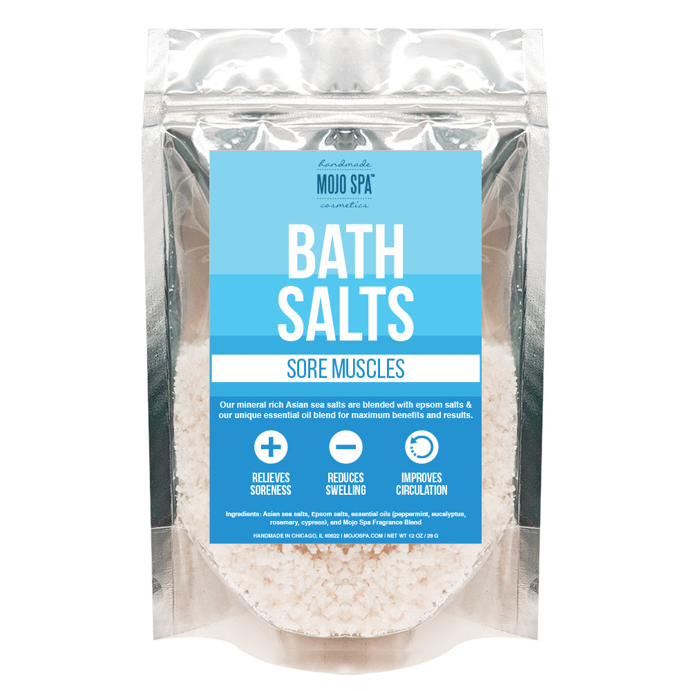 Mojo Spa bath salts in a clear and silver zip pouch, blue label reading Bath Salts, white salts showing through