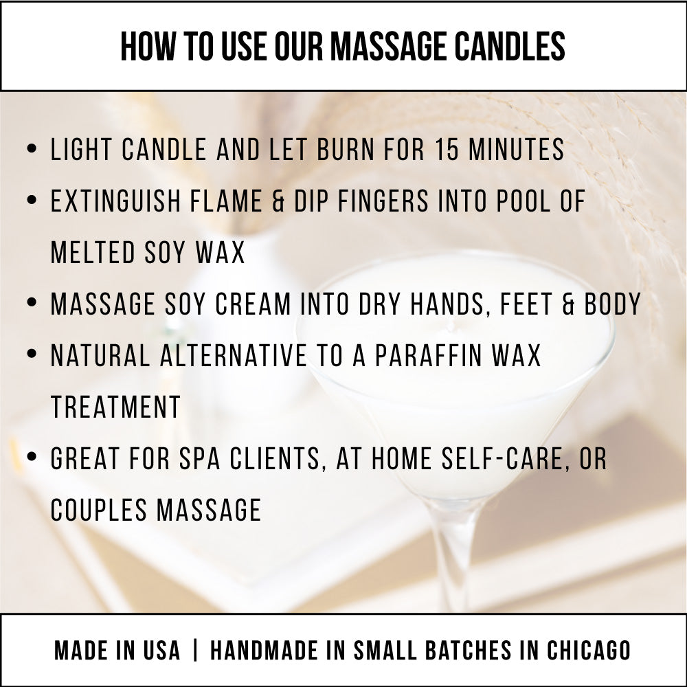 A graphic headed How to use our massage candles, with steps for lighting, over a martini glass candle