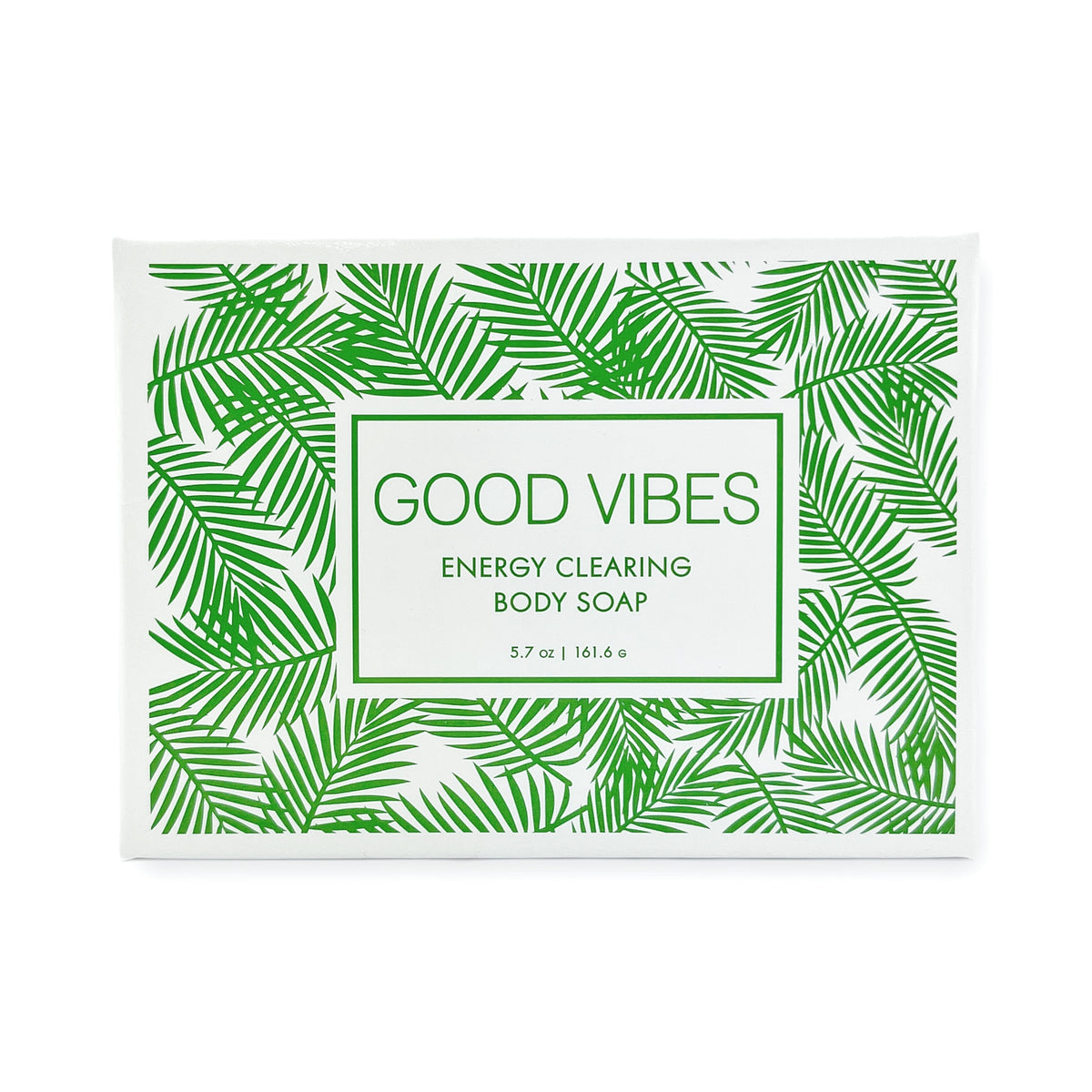 Good Vibes body soap box, 5.7 oz, with a green palm leaf print, the label reading Energy Clearing Body Soap